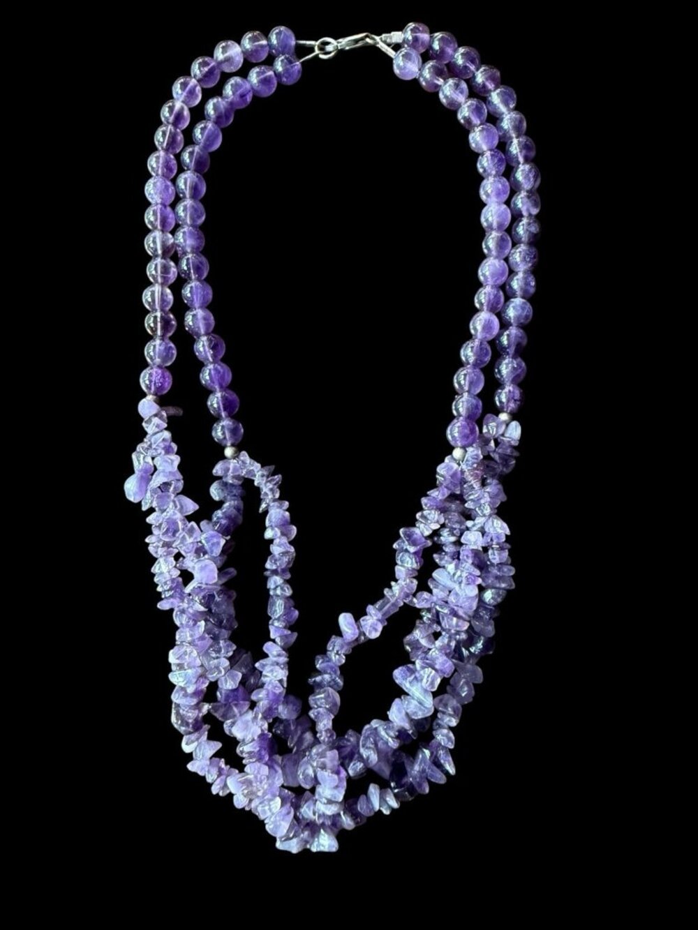 Vintage Sterling Silver Natural Amethyst Round Bead Chip Multi Strand Necklace
